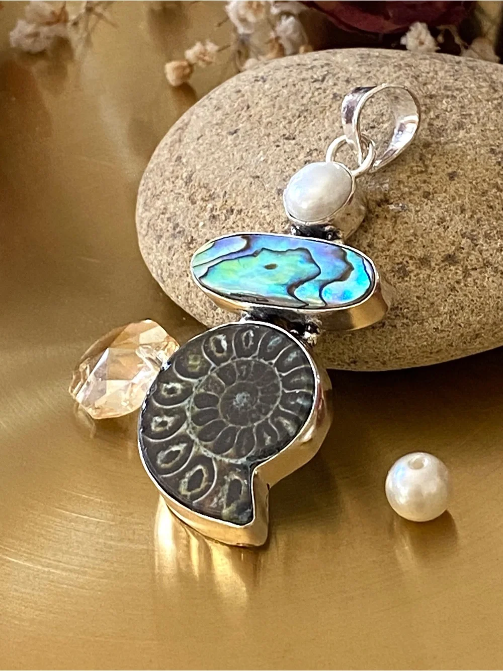 Ammonite Fossil, Abalone Shell And Pearl Pendant